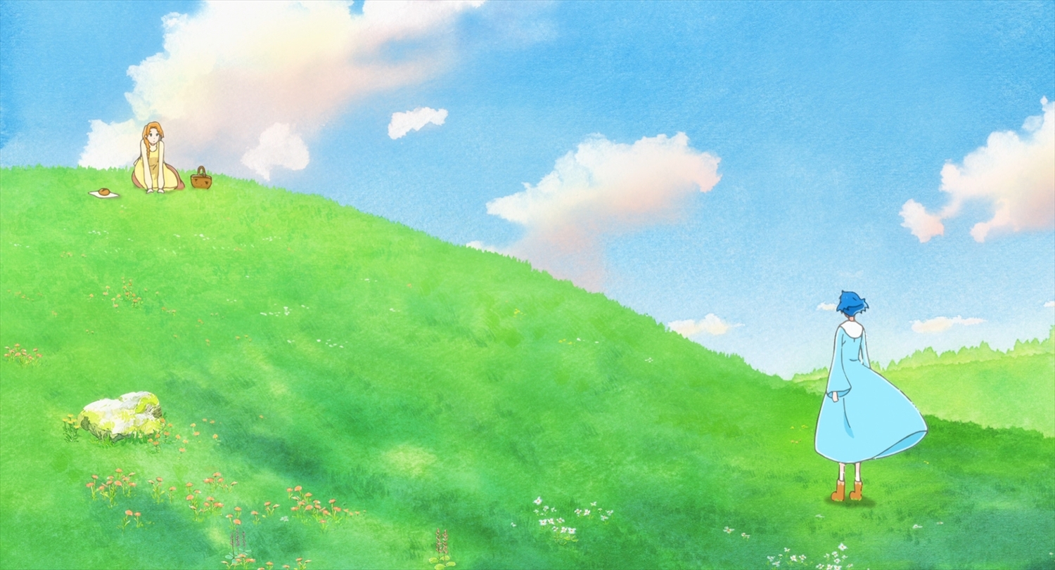 水彩绿色山坡上，利兹与少女的远景